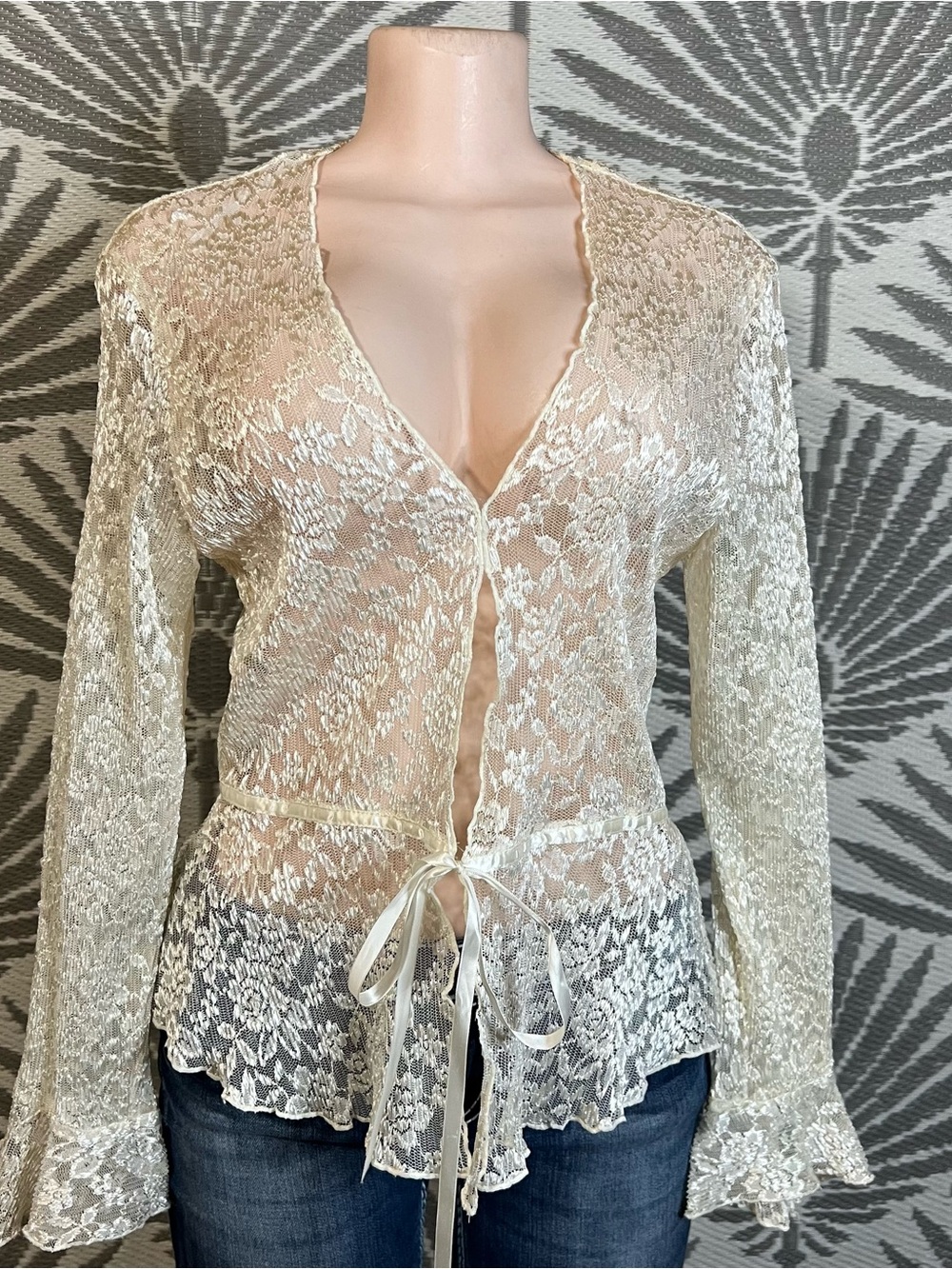 Vtg Ivory Lace Tie Front Blouse Top M Boho Fairy Coquette Sheer Bell Sleeve